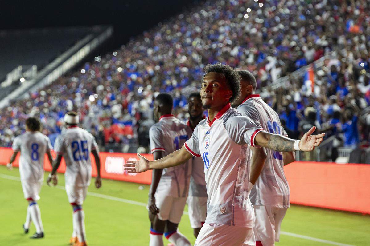 Haiti forward Ruben Providence (15) celebrates after scoring a goal against New Zealand in the first half of their friendly soccer match at Chase Stadium on Tuesday, June 2, 2026, in Fort Lauderdale, Fla.