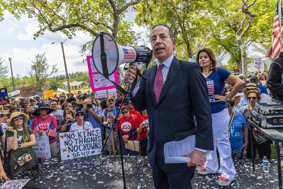 TV personality Ana Navarro joined Democratic Congressman Jamie Ben Raskin as he speaks to a group of protesters during a ‘No Kings’ anti-Trump protest at Tropical Park, in Miami, as part of a nationwide campaign that includes South Florida, on Saturday March 28, 2026.