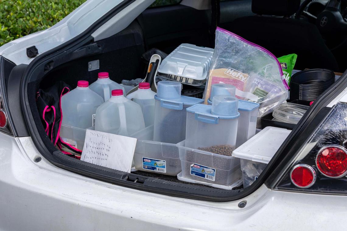 A look at Virginia Dieppa’s trunk full of cat food and jugs of water for the four cat colonies she feeds near her home on Monday, May 19, 2025, in Kendall in Miami-Dade County.
