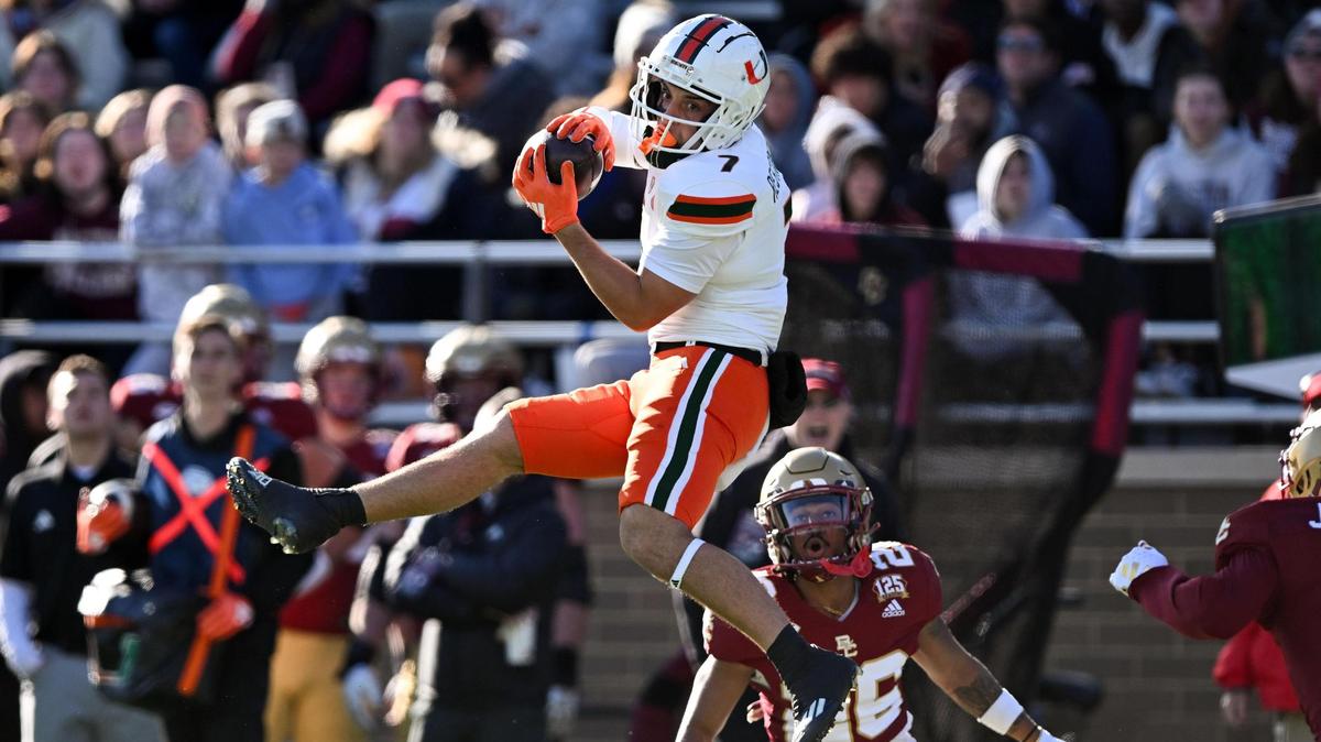Nov 24, 2023; Chestnut Hill, Massachusetts, USA; Miami Hurricanes wide receiver Xavier Restrepo (7) makes a catch against the Boston College Eagles during the first half at Alumni Stadium. Mandatory Credit: Brian Fluharty-USA TODAY Sports