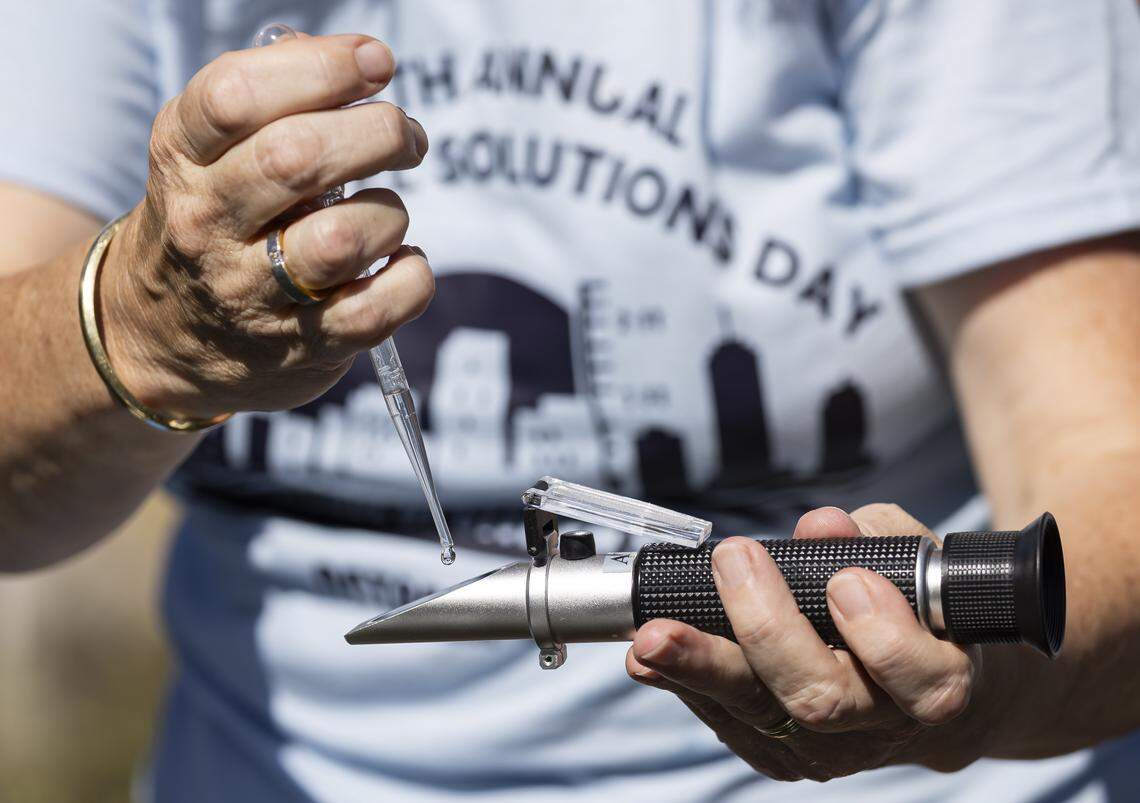 Monique Bennema, 59, economic policy officer Consulate General of the Kingdom of the Netherlands, uses a refractometer meter to measure salinity during king tide for Florida International University's Sea Level Solutions Day at Grove Park on Wednesday, Oct, 8, 2025, in Miami, Fla.