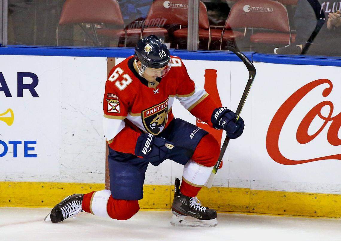 Florida Panthers right wing Evgenii Dadonov (63) reacts after scoring during the first period&nbsp;of an NHL regular season hockey game against the Vancouver Canucks at the BB&T Center on Thursday, January 9, 2020 in Sunrise.