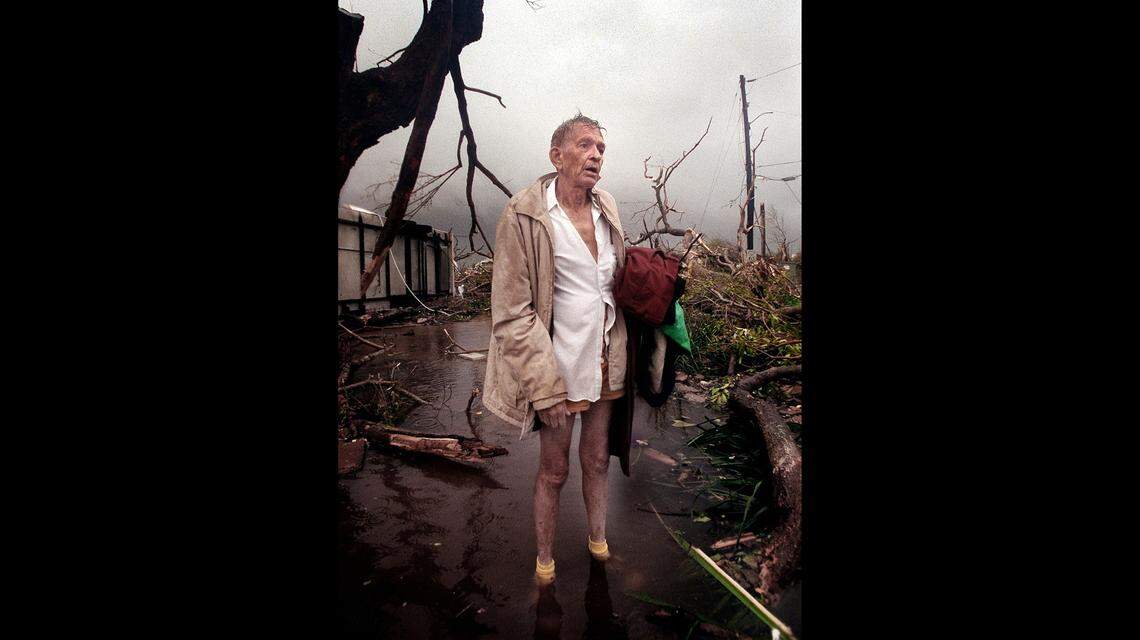 Harold “Tex” Keith, outside his trailer park home at what was called ground zero on Aug. 24, 1992, in Florida City after Hurricane Andrew left the Homestead/Florida City area..