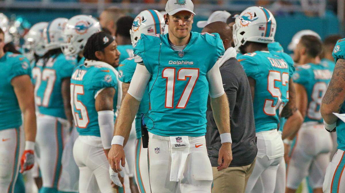 Miami Dolphins quarterback Ryan Tannehill #17 looks on  during second quarter of Thursday’s preseason game after completing 4 of 6 passes for 32 yards on his only drive.
