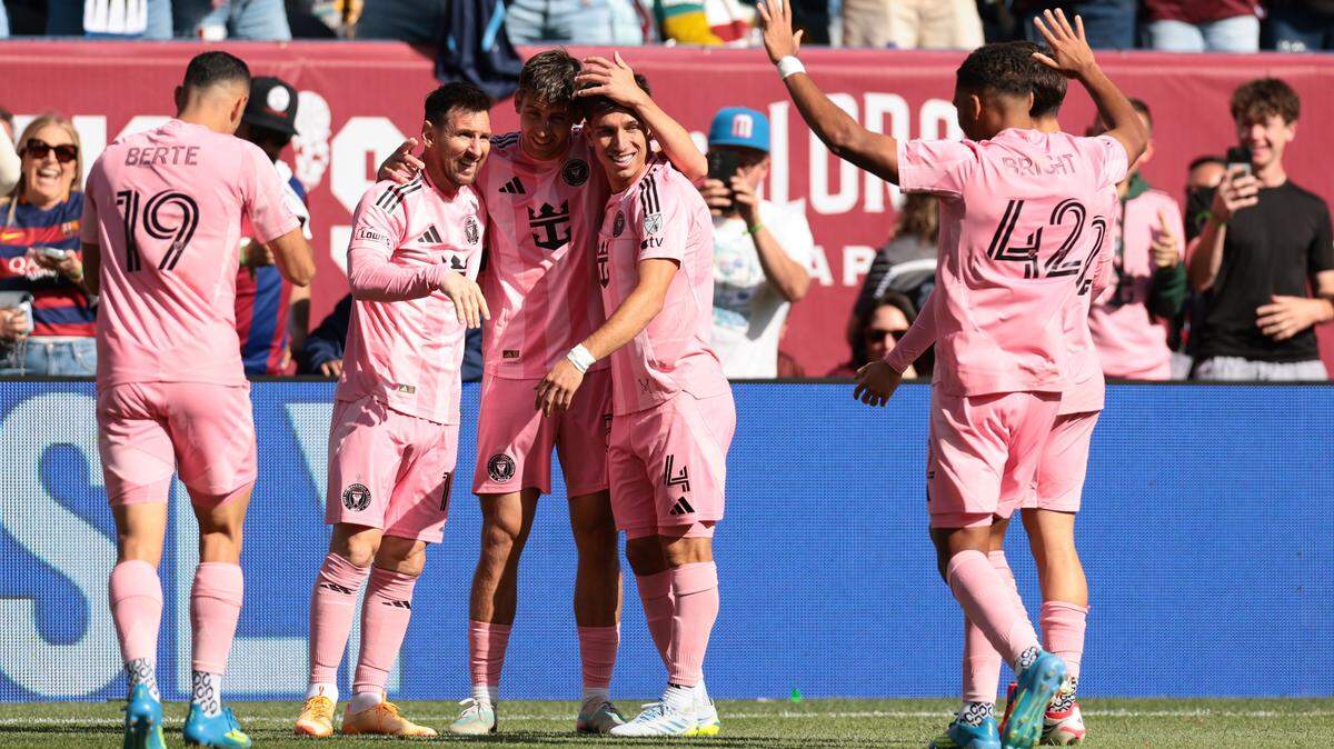DENVER, COLORADO - APRIL 18: Lionel Messi #10 of Inter Miami CF celebrates scoring his team's third goal with teammates during the MLS match between Colorado Rapids and Inter Miami CF at Empower Field At Mile High on April 18, 2026 in Denver, Colorado. (Photo by Andrew Wevers/Getty Images)