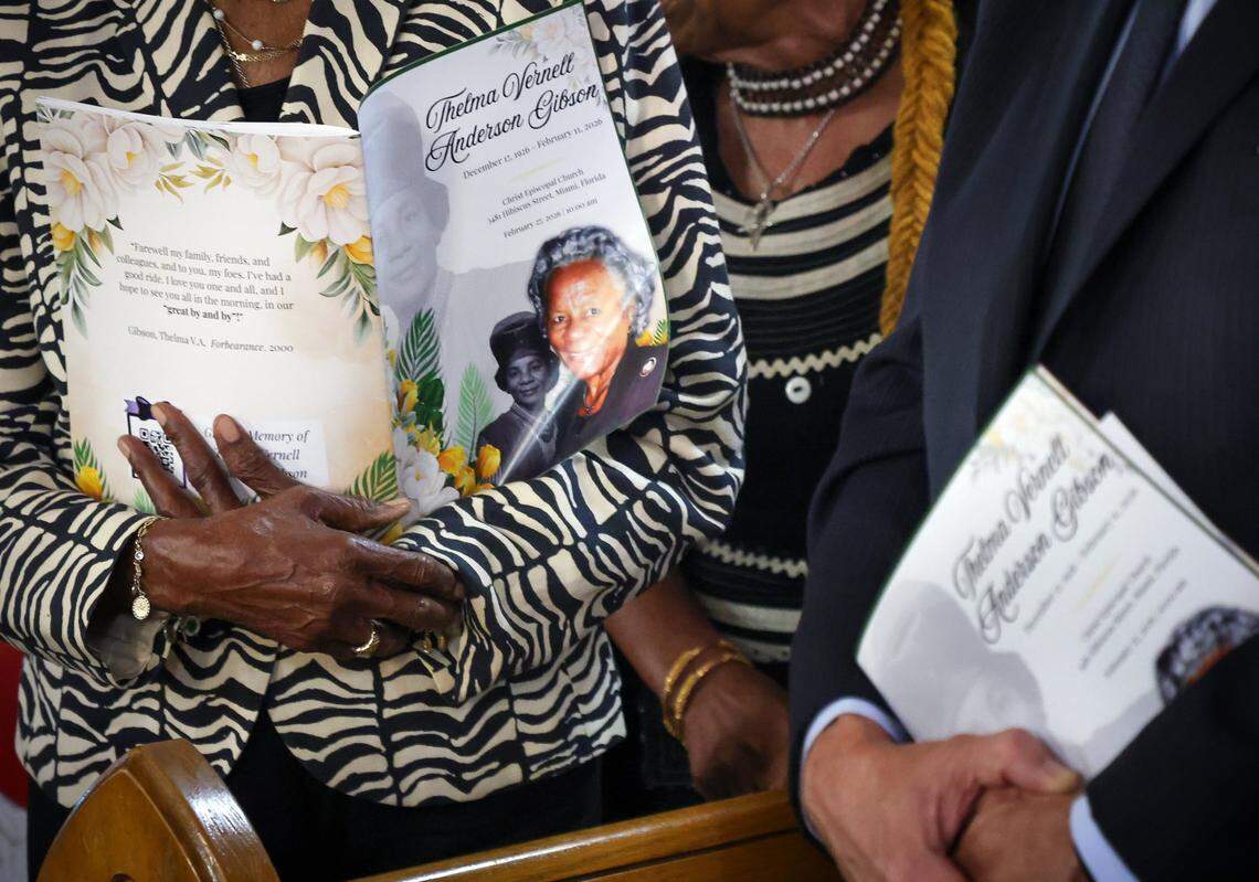 Four generations of family members, dignitaries, politicians, friends, and Coconut Grove residents gather at Christ Episcopal Church to honor Thelma Gibson, a community leader who died 10 months before her 100th birthday. The service was held at the church where Gibson was baptized on Friday, February 27, 2026, in Miami, Florida.