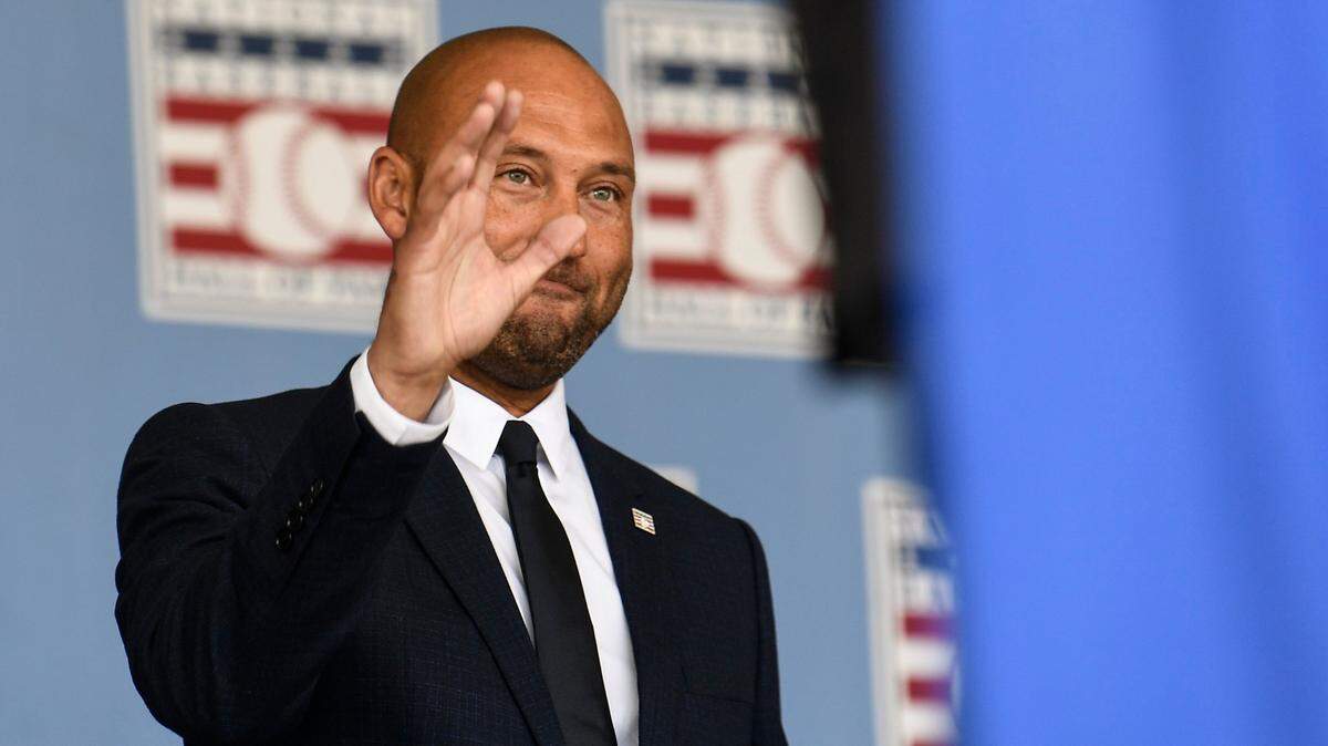 Hall of Fame inductee Derek Jeter, of the New York Yankees, arrives during an induction ceremony at the Clark Sports Center at the National Baseball Hall of Fame, Wednesday, Sept. 8, 2021, in Cooperstown, N.Y. (AP Photo/Hans Pennink)
