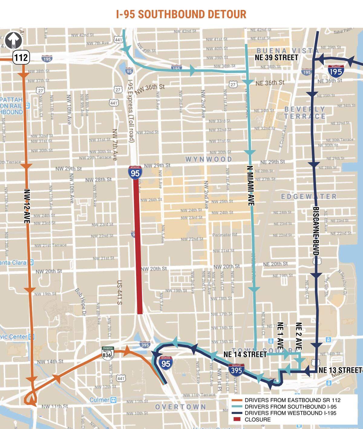 All southbound I-95 lanes will be closed from from SR 112/I-195 to SR 836/I-395 on Sept. 23, 24 and 26 during nighttime hours.