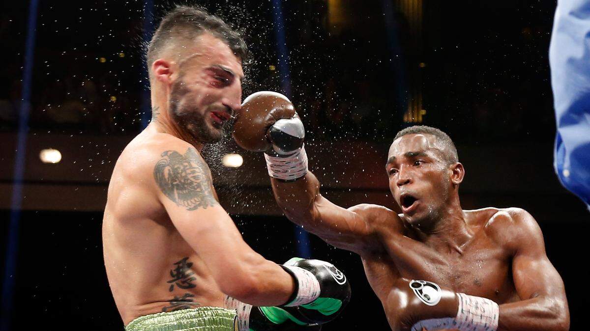 Erislandy Lara, right, connects with a punch on Vanes Martirosyan during their fight at The Chelsea at The Cosmopolitan of Las Vegas on May 21, 2016 in Las Vegas, Nevada. Unable to land another bout with Saul “Canelo” Alvarez, Lara will seek revenge instead with another member of the current middleweight champion’s family. Lara will face Alvarez’s brother, Ramon.