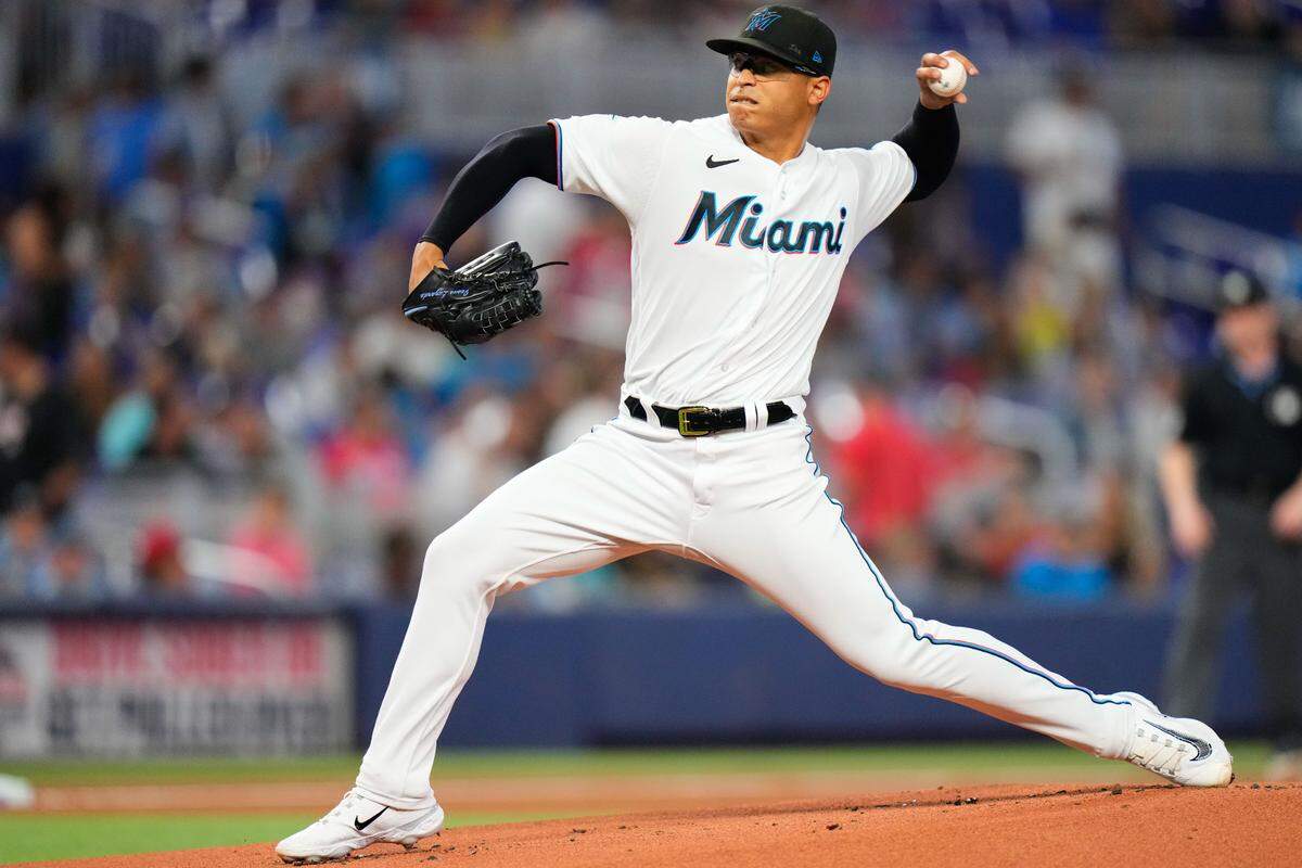 Miami Marlins starting pitcher Jesus Luzardo (44) throws a pitch against the Colorado Rockies during the first inning at loanDepot Park.