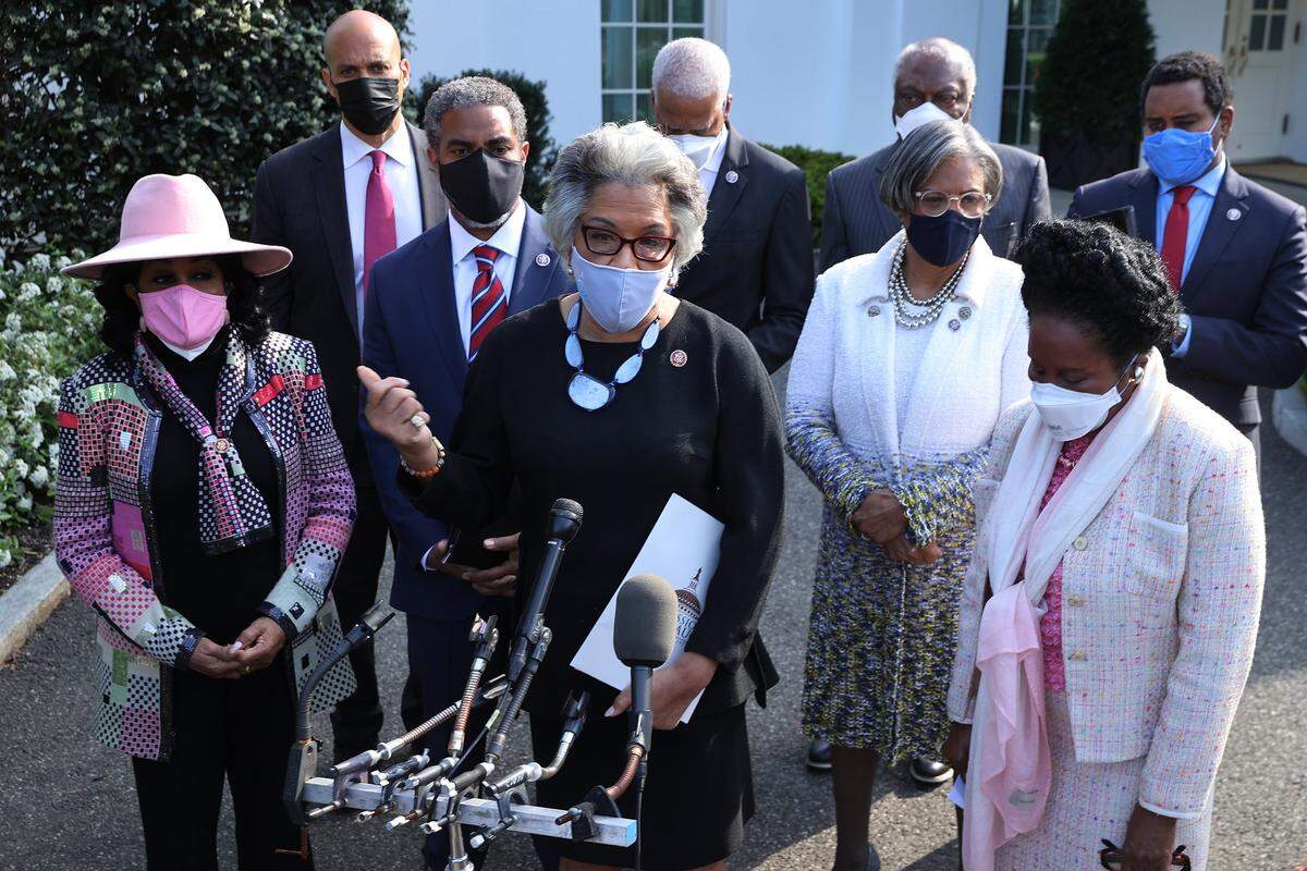Congressional Black Caucus Chair Rep. Joyce Beatty, D-Ohio, talks to reporters with fellow caucus members following a meeting with U.S. President Joe Biden and Vice President Kamala Harris at the White House on April 13, 2021, in Washington, D.C. Rep. Frederica Wilson of Miami is at the far left.