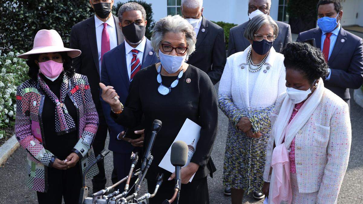 Congressional Black Caucus Chair Rep. Joyce Beatty (D-Ohio) talks to reporters with fellow caucus members following a meeting with U.S. President Joe Biden and Vice President Kamala Harris at the White House on April 13, 2021 in Washington, D.C. Rep. Frederica Wilson of Miami is at the far left.