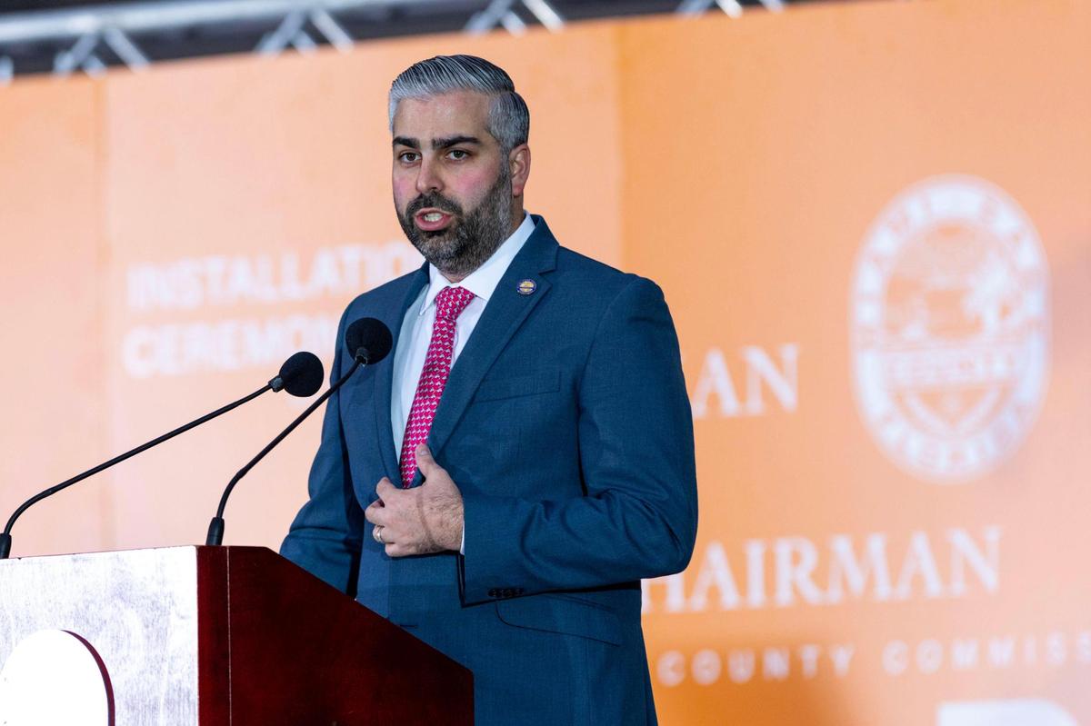 Anthony Rodriguez speaks to the crowd during his swearing-in ceremony as the new vice chair of the Miami-Dade County Commission at Hard Rock Stadium in Miami Gardens on Thursday, Dec. 15, 2022.