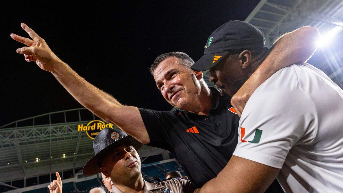 University of Miami Head Coach Mario Cristobal reacts after defeating Clemson 28-20 in double overtime during an ACC college football game at Hard Rock Stadium in Miami Gardens, Florida, on Saturday, October 21, 2023.