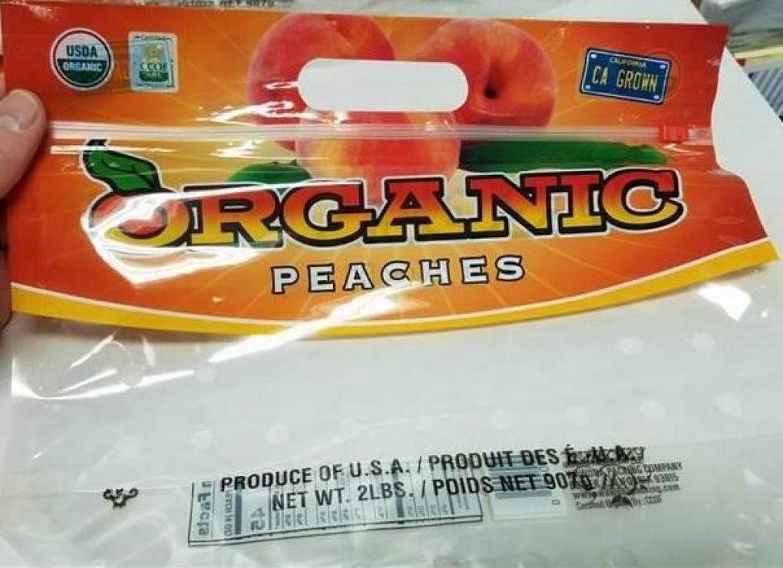 The top of a bag of Organic Peaches from Wawona, sold at Aldi and Target