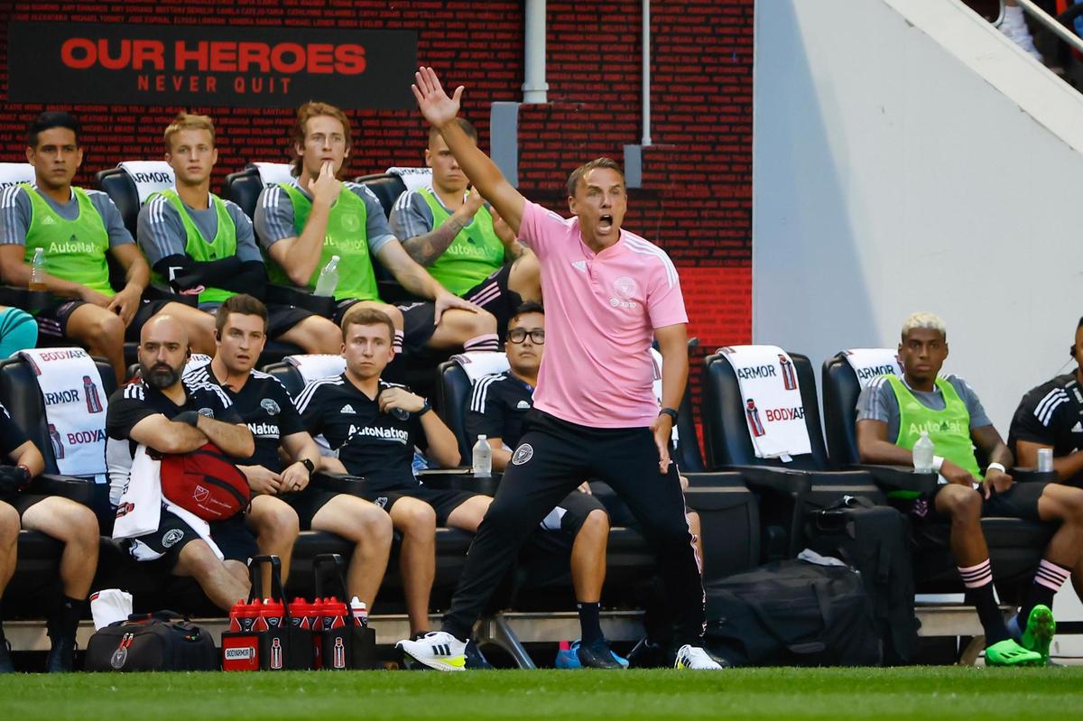 HARRISON, NJ - AUGUST 27: Inter Miami head coach Phil Neville reacts on the sideline during the first half of the Major League Soccer game between the New York Red Bulls and Inter Miami on August 27, 2022 at Red Bull Arena in Harrison, New Jersey. (Photo by Rich Graessle/Icon Sportswire) (Icon Sportswire via AP Images)