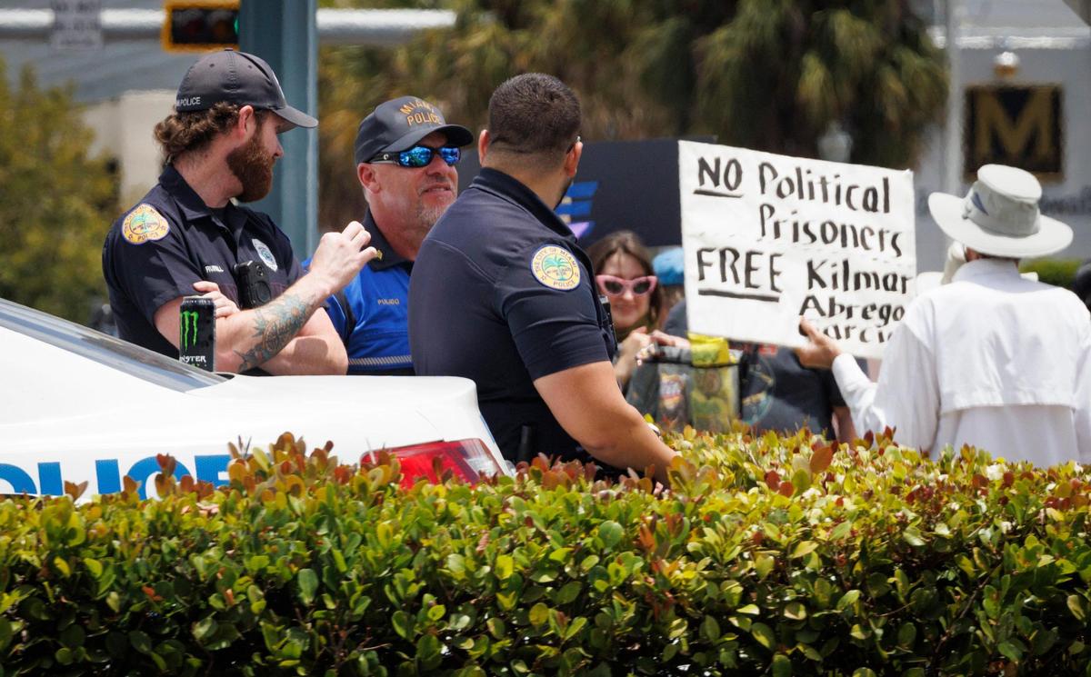 Miami police monitor the area during a May Day rally themed “Protect Social Security, Protect Workers” on Thursday, May 1, 2025, outside of the Social Security Administration building in Miami.