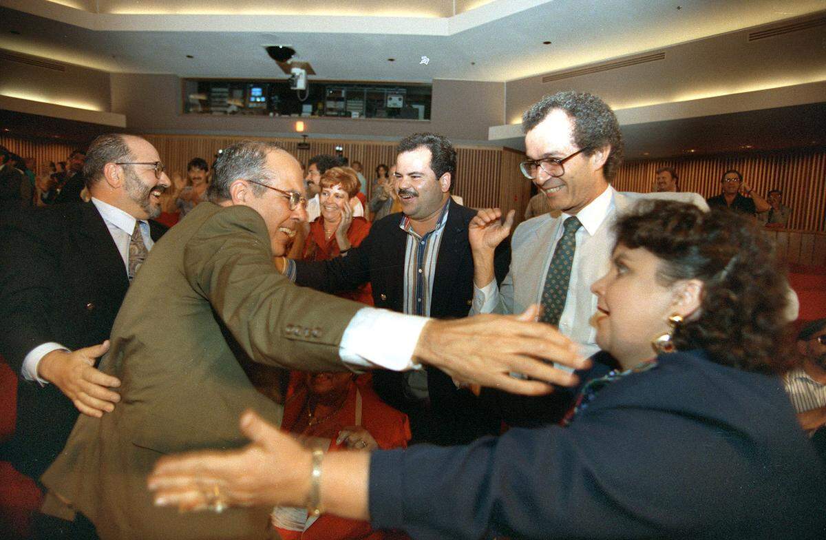 The scene in 1993 after the Dade County Commission repealed the controversial “English-only” ordinance.