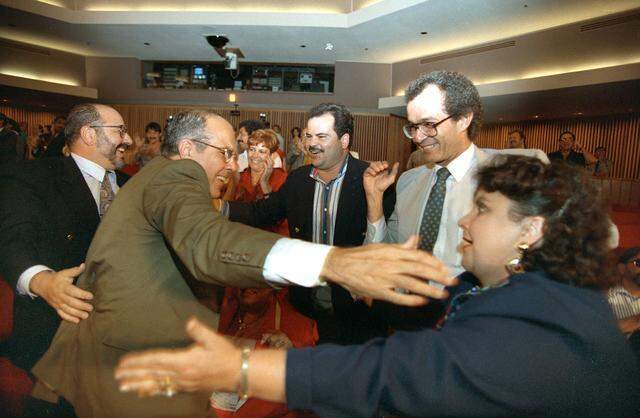 The scene in 1993 after the Dade County Commission repealed the controversial “English-only” ordinance.
