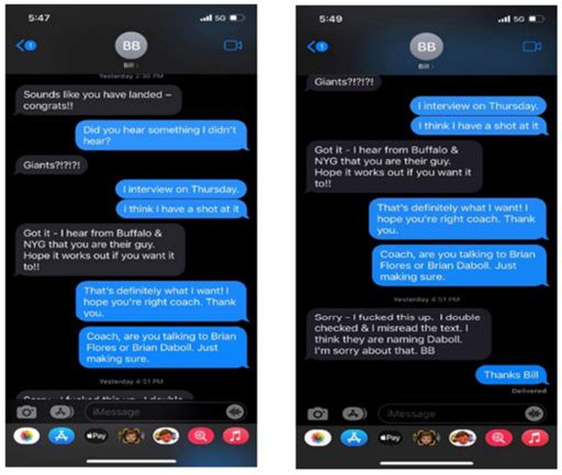Brian Flores and New England Patriots coach Bill Belichick exchanged texts in January of 2022, with Belichick mistakenly congratulating Flores for getting the job as coach of the New York Giants, meaning to text Brian Daboll. The lawsuit points to this as evidence Flores, who is Black, was only given a “sham interview” to fulfill the NFL’s Rooney Rule requirement.