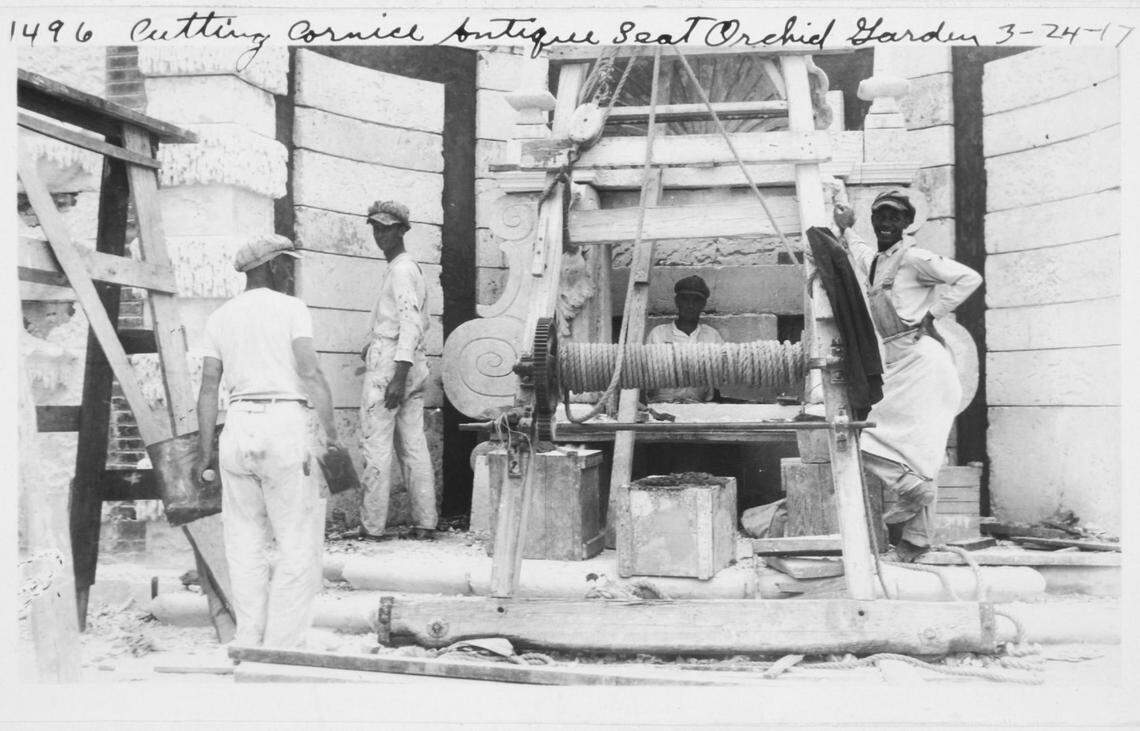 Bahamian stonemasons work on the so-called secret garden during construction of VIzcaya, industrialist James Deering’s lavish estate in Miami’s Coconut Grove.