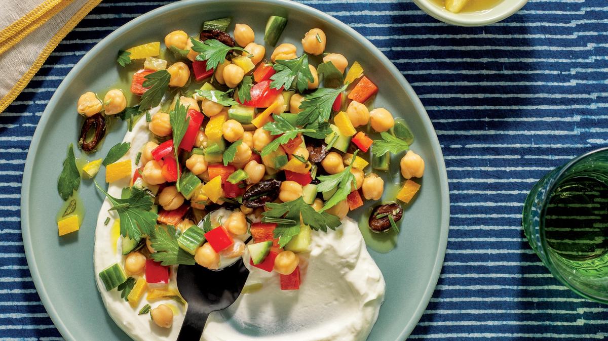 Spicy Chickpea and Herb Salad over Olive Oil Labneh.