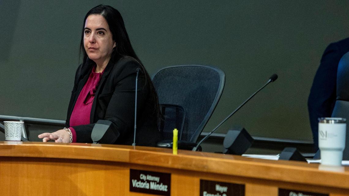 Miami City Attorney Victoria Méndez listens to public comment during the commission meeting on Jan. 11, 2024.