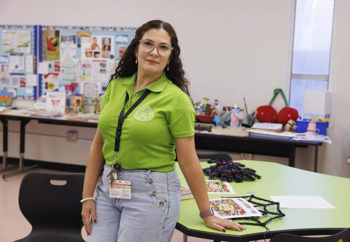 Ileana Trujillo, early childhood instructor and director for childcare facility, poses in the classroom that sheaves to teach the practical portion of the program during the day on Tuesday, Oct. 21, 2025, at Lindsey Hopkins Technical College in downtown Miami.