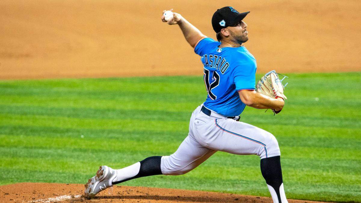 Marlins left-handed pitcher Daniel Castano (72) pitches the ball during a intra squad simulated game at Marlins Park in Miami, Florida on Friday, July 17, 2020.