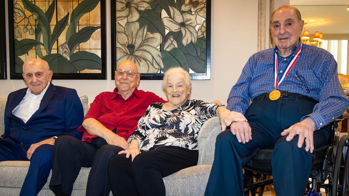 From left to right, Lewis Elias, 98, George Elias Jr., 97, Virginia Elias, 101, and Richard Elias, 94, at Virginia’s house on Saturday, August 3, 2024 in Coral Gables, Fla.
