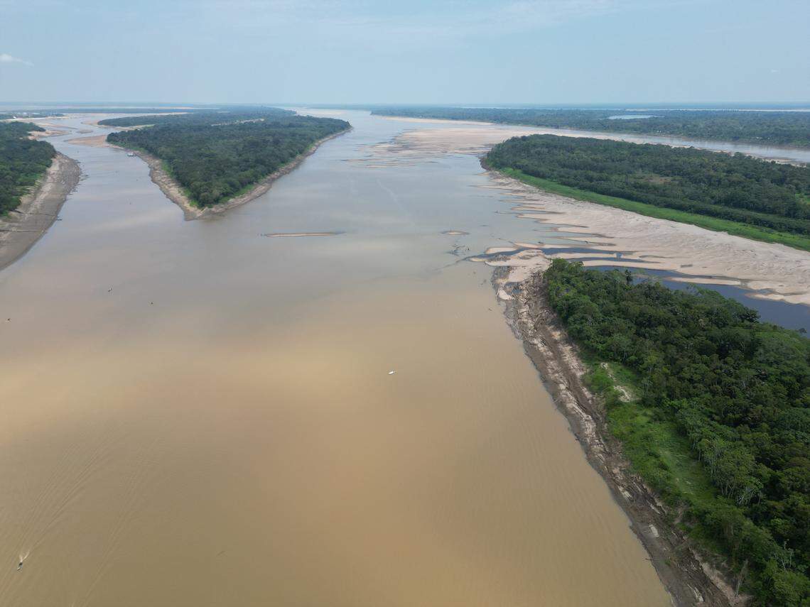 An aerial photo of the low water levels in the Amazon river.