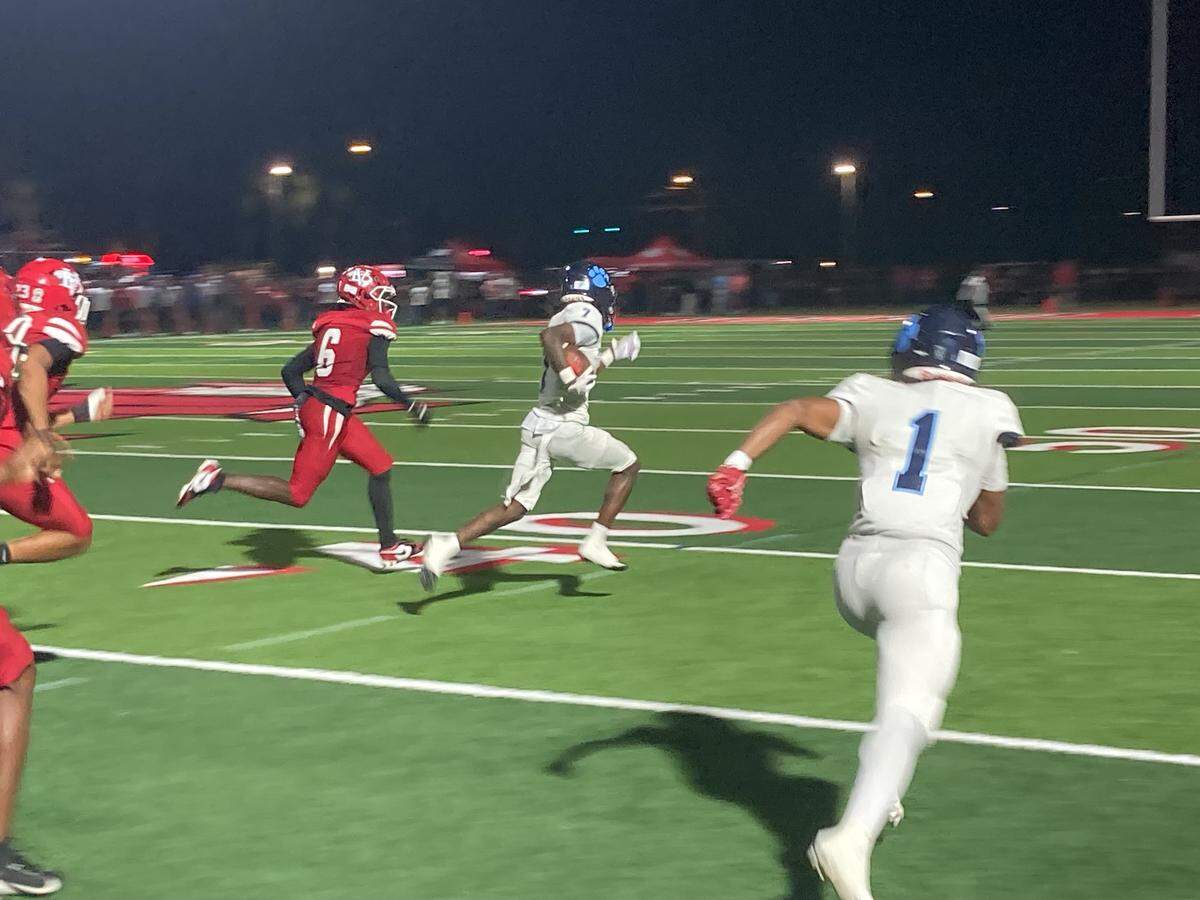 Palmetto’s Kaden Howard takes off on a long kickoff return during Friday’s Class 7A state semifinal at Vero Beach.