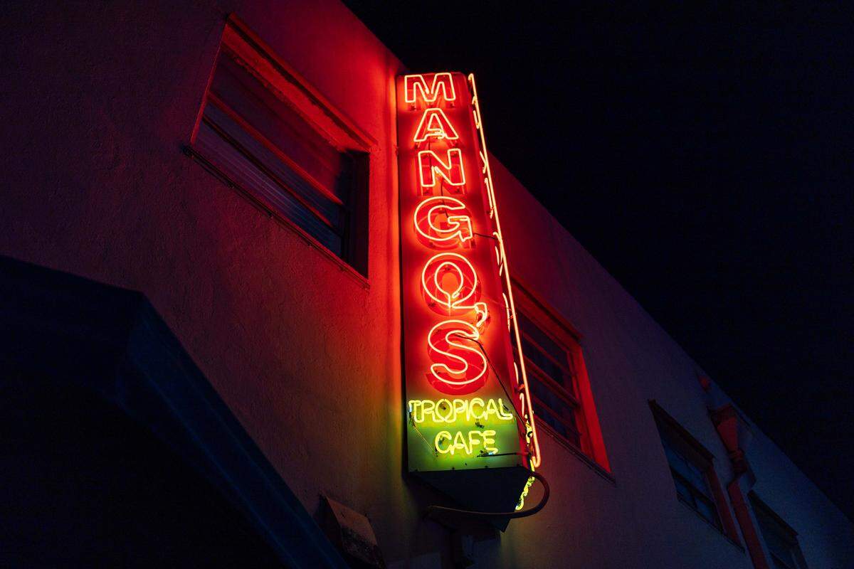 Signage for Mango's Tropical Cafe on Monday, July 28, 2025, in Miami Beach, Fla.