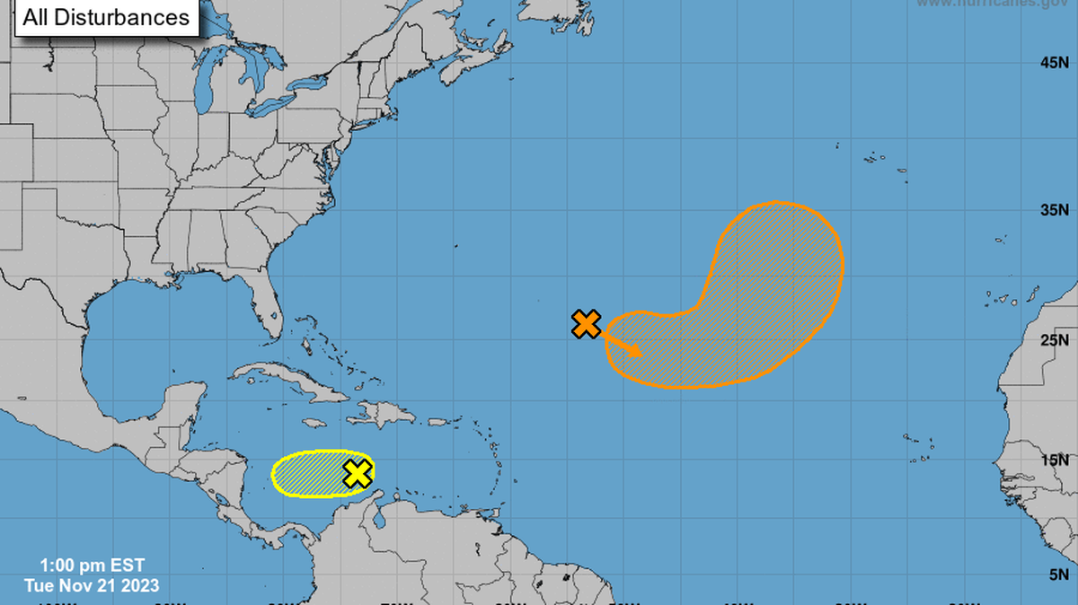 The National Hurricane Center was monitoring two disturbances on Tuesday, Nov. 21, 2023.