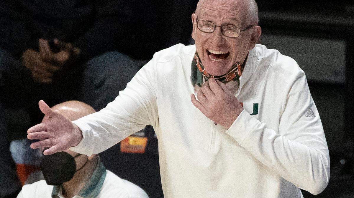 Miami Hurricanes head coach Jim Larranaga leads the team as the Hurricanes play against Louisville Cardinals at the Wastco Center at the University of Miami on Saturday, January 16, 2021.