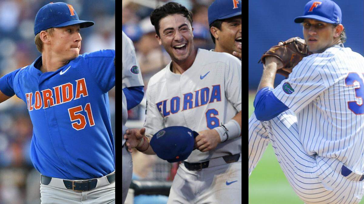 Florida pitcher Brady Singer (from left), third baseman Jonathan India and pitcher Jackson Kowar are all projected as potential first-round picks in the 2018 MLB Draft.