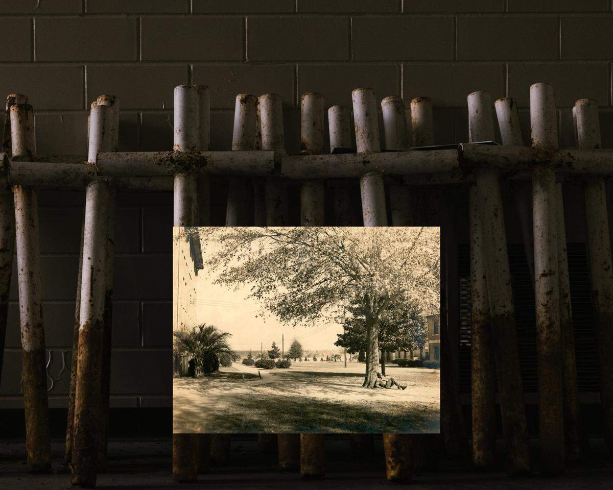 Top photo: The school campus, circa 1940; Bottom photo: White crosses that once stood at the site of a Dozier cemetery where anthropologists later found bodies. Top photo: State Archives of Florida; Bottom photo: Alicia Vera for The Marshall Project
