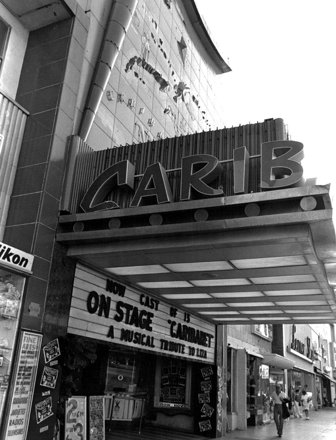 The Carib Theater on Lincoln Road in 1971. It features a raised porcelain facade that reveals a colorful map of the Caribbean area, including South Florida.