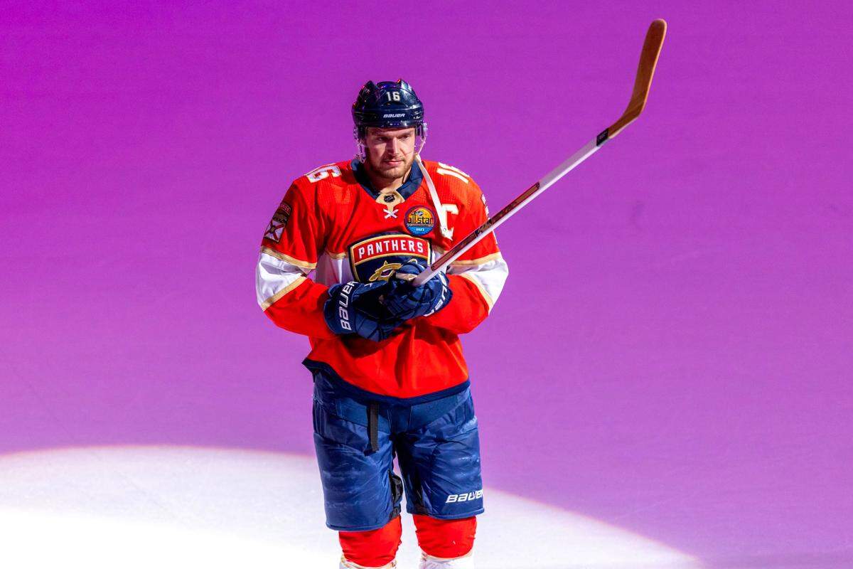 Florida Panthers center Aleksander Barkov (16) skates toward fans as a star of the game after defeating the Washington 5-2 during an NHL game at FLA Live Arena in Sunrise, Florida, on Tuesday, November 15, 2022.