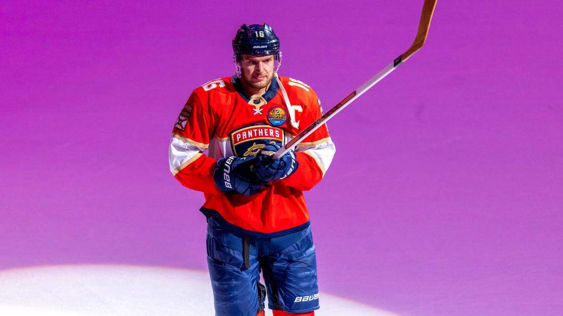 Florida Panthers center Aleksander Barkov (16) skates toward fans as a star of the game after defeating the Washington 5-2 during an NHL game at FLA Live Arena in Sunrise, Florida, on Tuesday, November 15, 2022.