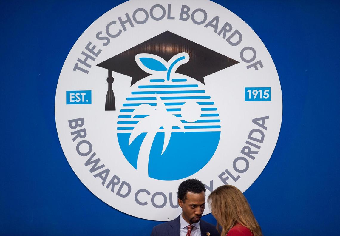 Broward County School Board member Torey Alston, left, speaks with Interim General Counsel Marylin Batista during a meeting at the Kathleen C. Wright Administration Center on Monday, Nov. 14, 2022, in Fort Lauderdale, Fla.