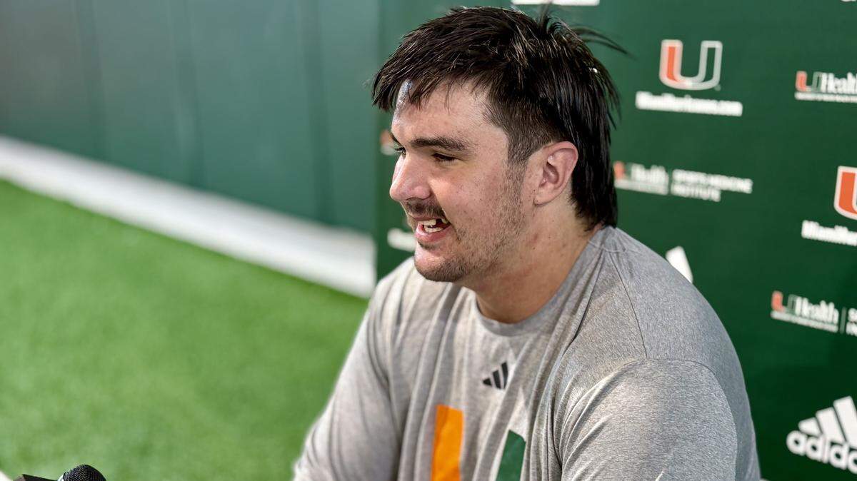 Miami Hurricanes offensive lineman Jackson Cantwell speaks after a spring practice on Tuesday, April 14, 2026, inside the Carol Soffer Indoor Practice Facility on the University of Miami campus in Coral Gables, Florida.