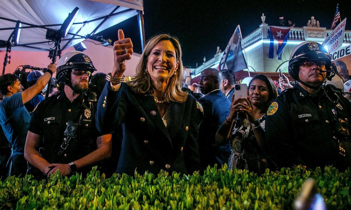 Republican U.S. Rep. Maria Elvira Salazar, of Miami, greets Cuban Americans at a rally while attending a GOP town hall on Cuba broadcast live from Versailles Restaurant hosted by Fox News host Sean Hannity.