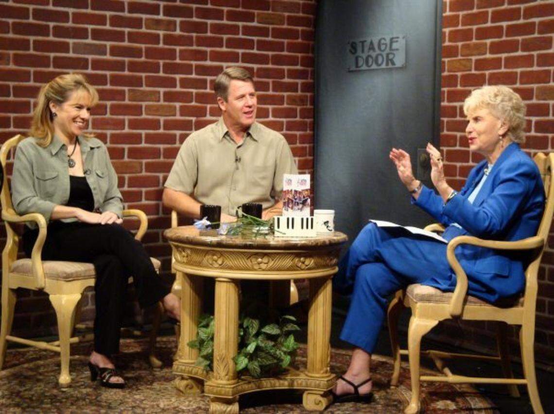 Iris Acker, right, chats with Rita Wells and Mark Wells for her WLRN ‘On Stage With Iris Acker’ program in the 1990s.