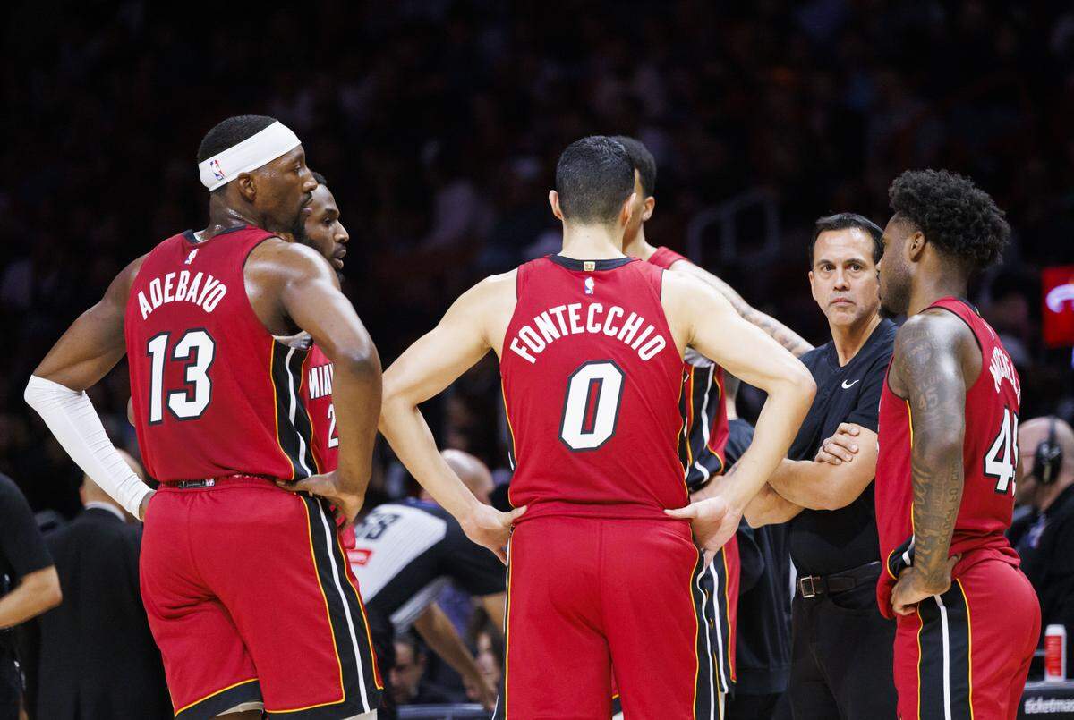 Miami Heat head coach Erik Spoelstra talks to the team during the first half of a game against the Utah Jazz on Monday, Feb. 9, 2026, at the Kaseya Center in Miami.