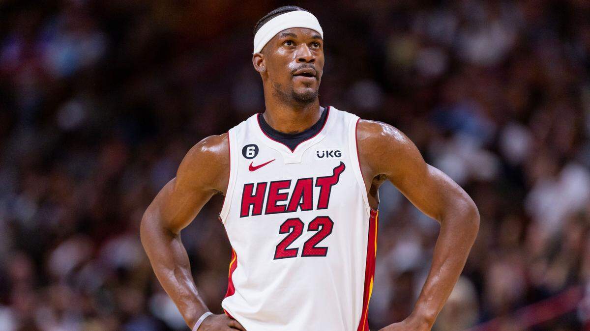 Miami Heat forward Jimmy Butler (22) reacts during the third quarter of an NBA play-in tournament game against the Atlanta Hawks at Kaseya Center in Downtown Miami, Florida, on Tuesday, April 11, 2023.