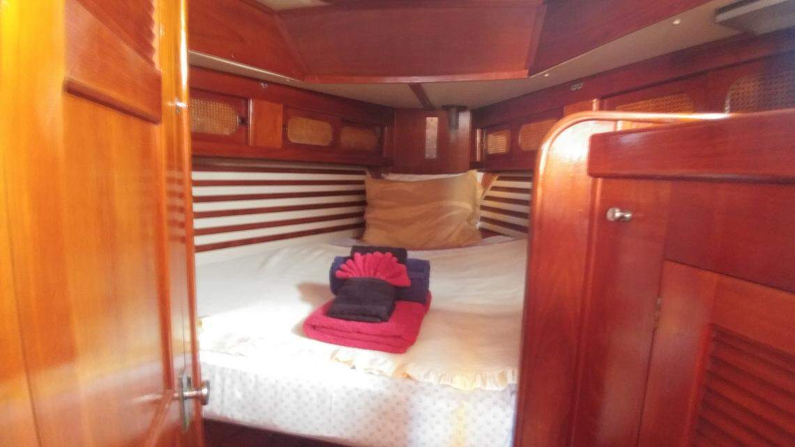 The sailboat has two bedrooms and two bathrooms.