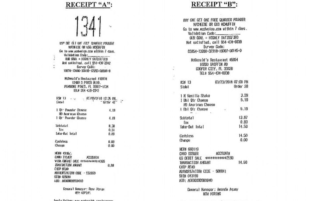 Two McDonald's receipts from restaurants in Pembroke Pines and Cooper City from plaintiff Cynthia Kissner were included in a lawsuit filed by Kissner and another South Florida customer who claim they have to pay the price of a Quarter Pounder with Cheese when they only want a Quarter Pounder sans cheese.