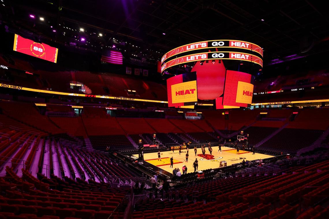 A general view of the new scoreboard above center court at Kaseya Center before the Miami Heat Red, White & Pink intrasquad scrimmage game at the Kaseya Center in downtown Miami, Monday, October 7, 2024.