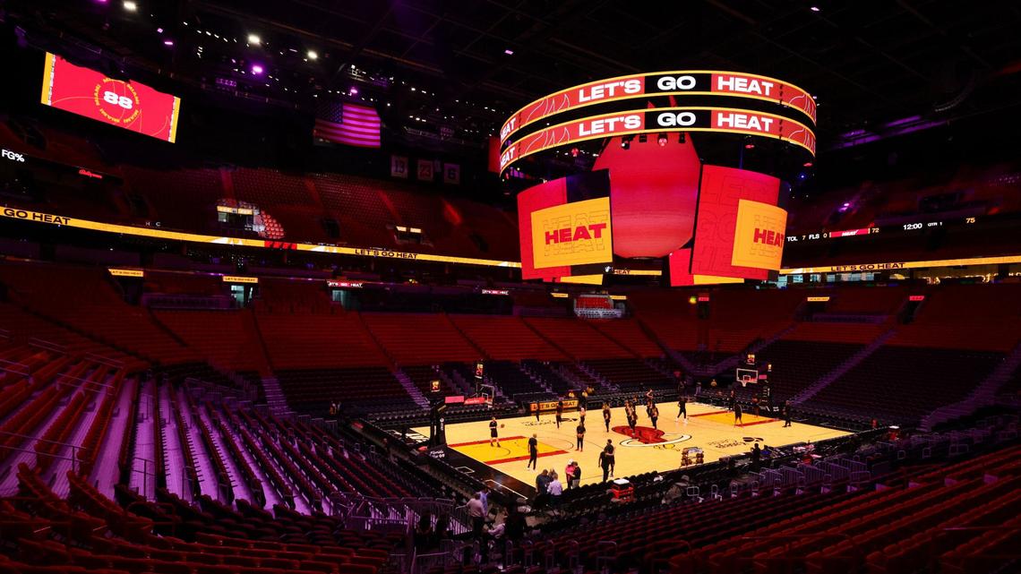A general view of the new scoreboard above center court at Kaseya Center before the Miami Heat Red, White & Pink intrasquad scrimmage game at Kaseya Center on October 7, 2024.
